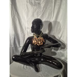 VG Black Glossy Ceramic Seated Figure Sculpture Hand Painted Beaded